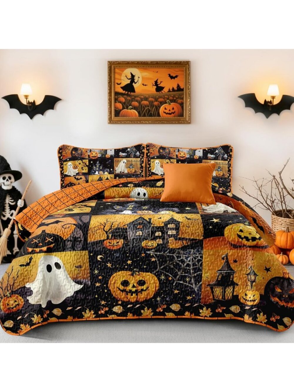 King Size Halloween Quilt Set - Patchwork Black & Orange Bedspread Coverlet